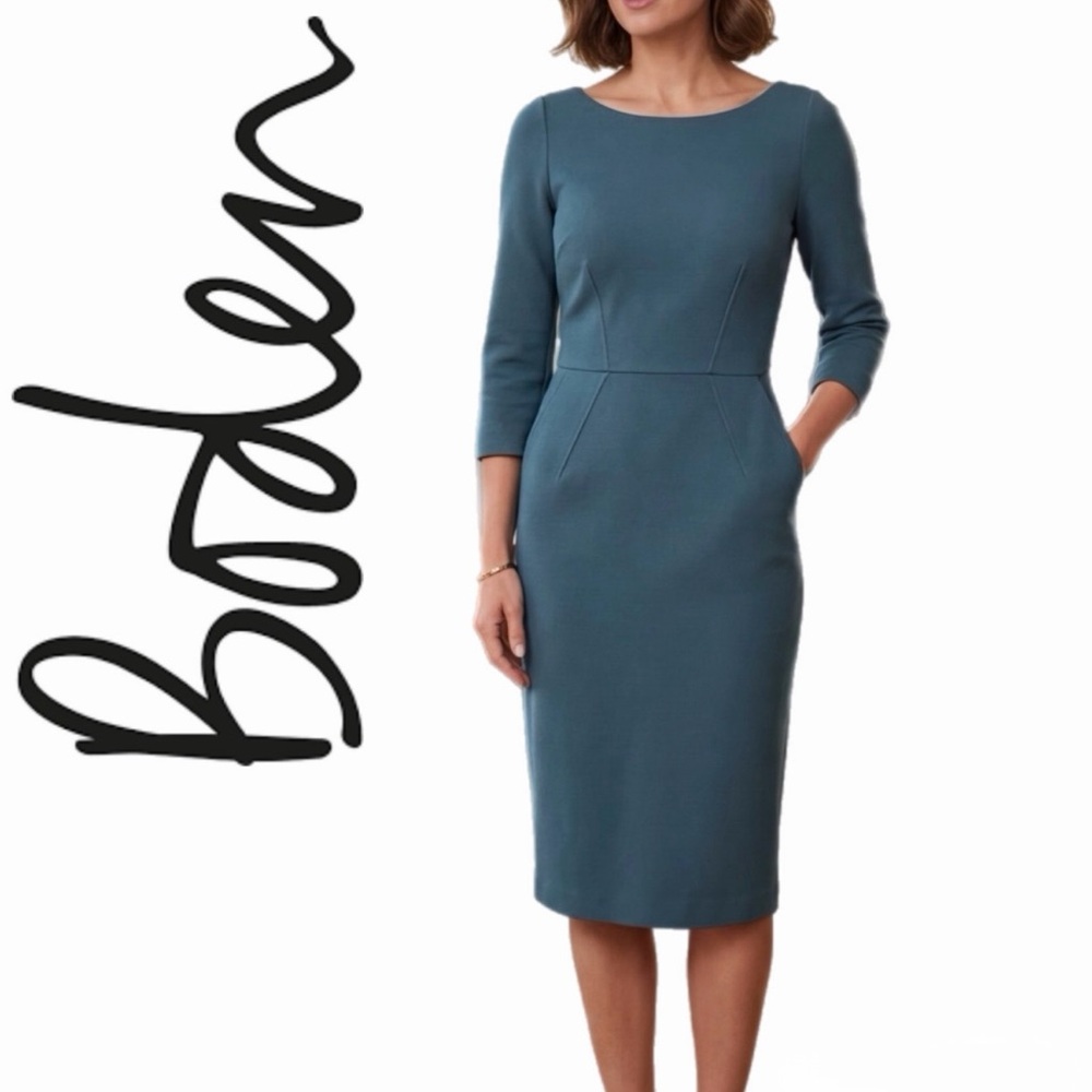 Boden Marisa Ottoman Sheath Dress Teal Pencil 3/4 Sleeve Work Office 4R
